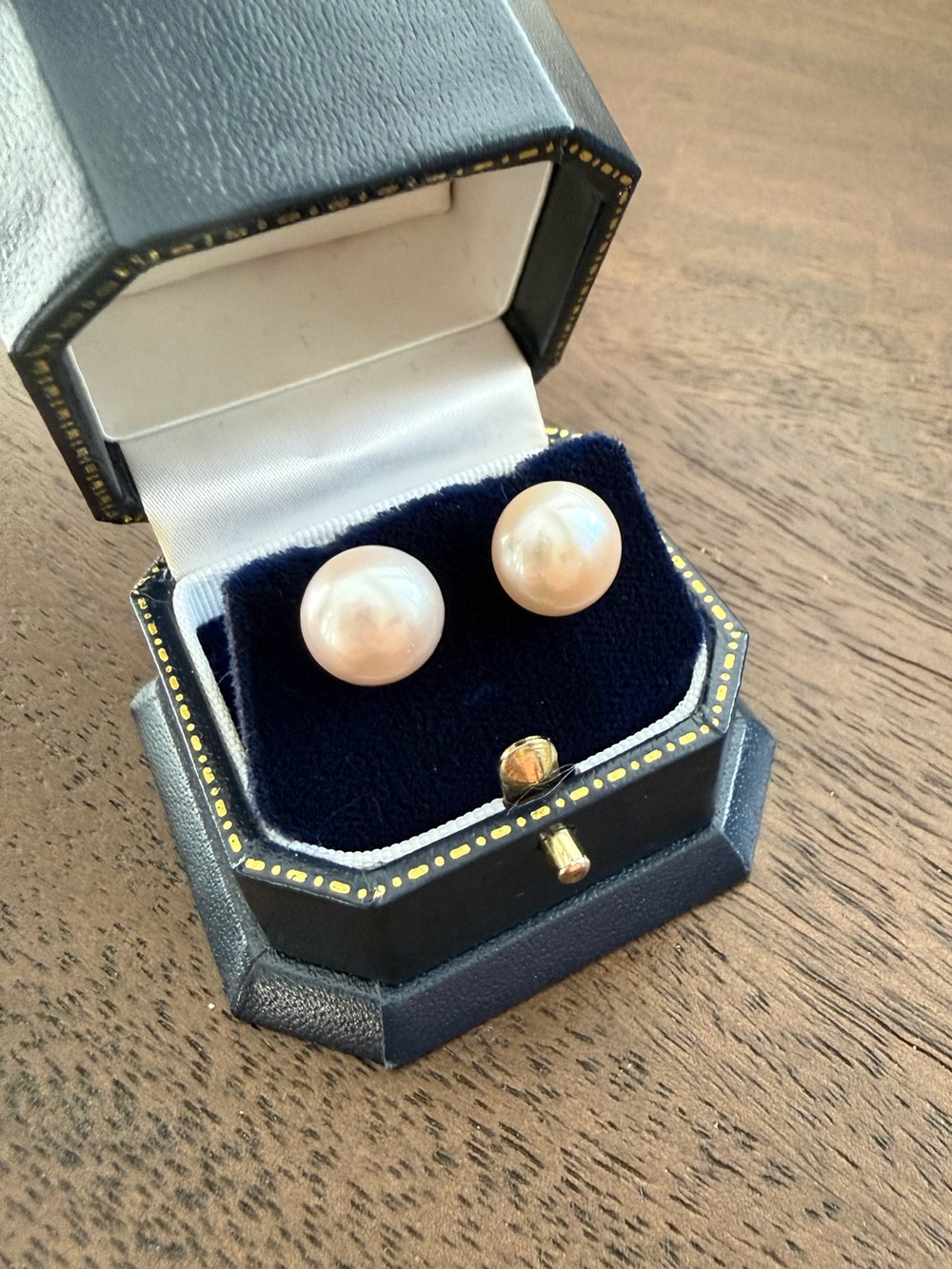 Solid 9K Gold Pearl Stud Earrings - Pink Cream Pearl Button Studs - Picture 8 of 8